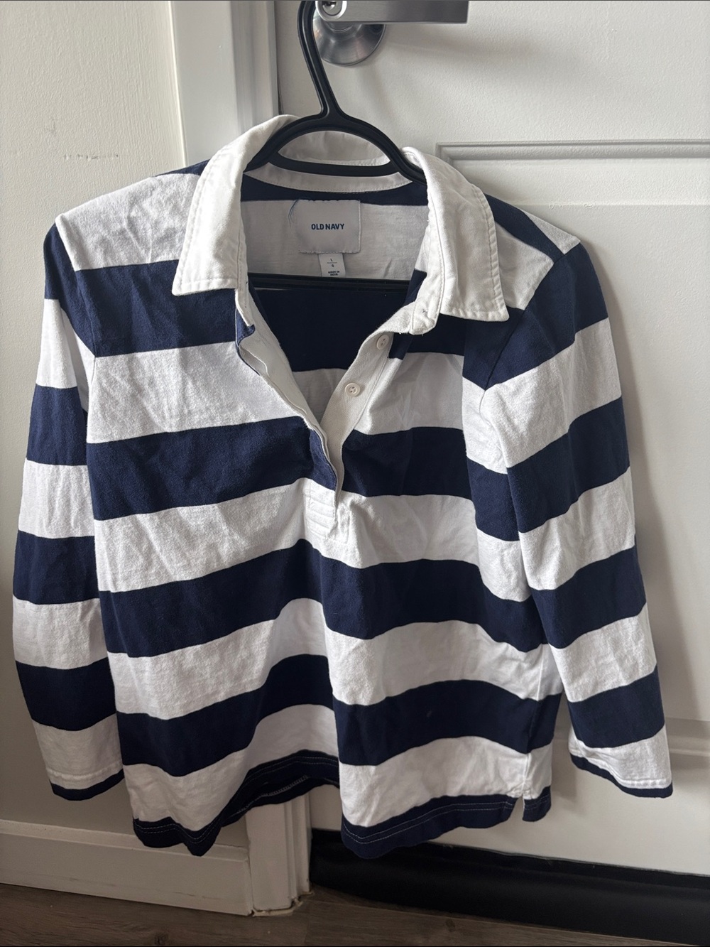 Old Navy, Navy and White Striped Rugby Polo